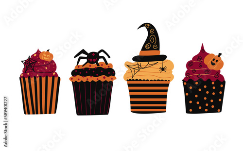 Halloween cupcakes. Spooky decorated muffins, themed small cakes for 31 October and scary dessert food cartoon vector illustration set of halloween cake muffin spooky