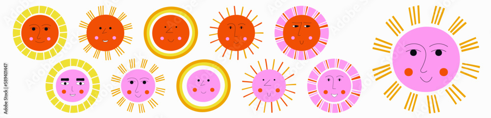 Smiling sun, abstract personage, mascot design, funny face, cute icon.