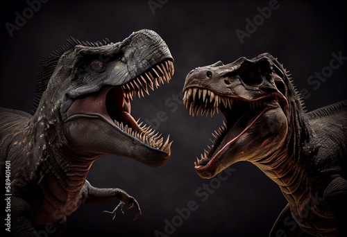 Dinosaur albertosaurus vs Indoraptor roaring, fighting isolated on blank background PNG ultra high resolution. Generative AI © Randy