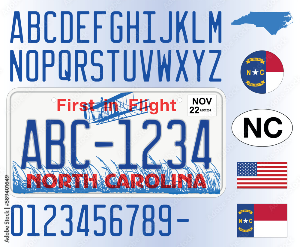 North Carolina car license plate pattern, letters, numbers and symbols, vector illustration, USA