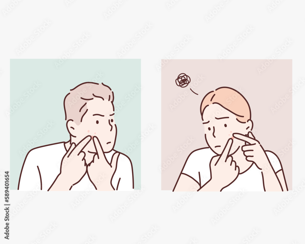 people with acne and rash on face, skin problem concept. Hand drawn style vector design illustrations.