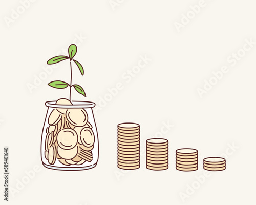 Plant growing from coins in the glass jar on blurred green natural background with copy space for business and financial growth concept. Hand drawn style vector design illustrations.