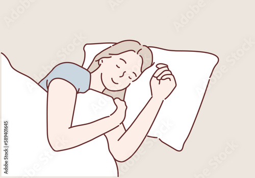 Young woman sleeping on the bed Portrait of beautiful woman lying on comfortable bed holding pillow with white bedding in bright bedroom. Hand drawn style vector design illustrations. photo