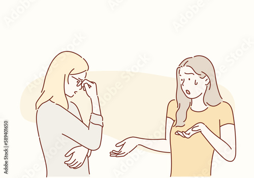 Two women friends arguing. Hand drawn style vector design illustrations.