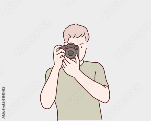 Closeup portrait of a young man taking a picture . Hand drawn style vector design illustrations.
