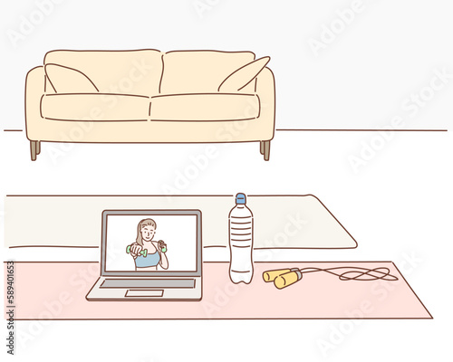 Young sporty slim woman preparing for online fitness training with modern laptop. Healthy lifestyle concept, online fitness and sport lessons. Hand drawn style vector design illustrations.