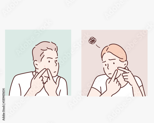 people with acne and rash on face, skin problem concept. Hand drawn style vector design illustrations.