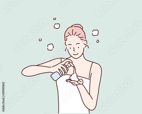 Woman Using Cosmetic Cleansing Gel or Facial Wash to Clean Her Face. Hand drawn style vector design illustrations.