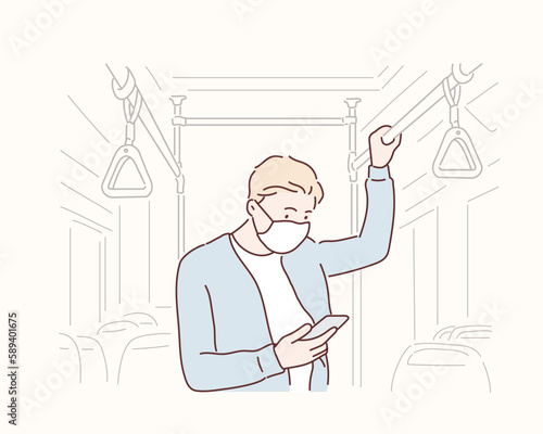 Face of young man with mask riding the bus with distance. Hand drawn style vector design illustrations.