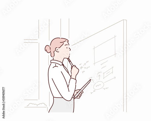 Young businesswomen thinking of a work plan in the office. Hand drawn style vector design illustrations.