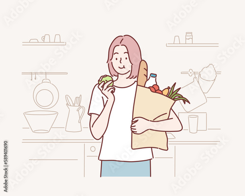 Young woman grocery shopping bag with vegetables at home. Hand drawn style vector design illustrations.