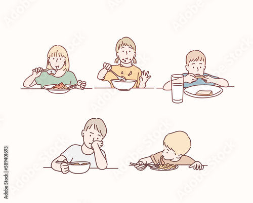 Group of Kids on the dining table. Hand drawn style vector design illustrations.