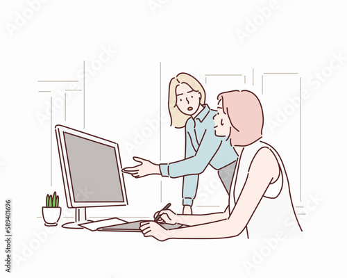 Boss shouting to employee because she mistake working.
Hand drawn style vector design illustrations.