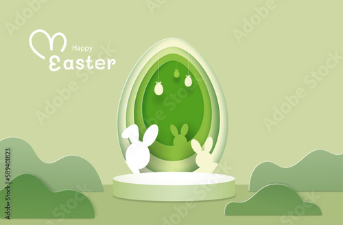 template of happy easter day concept with stage in green natural and rabbit on background. art work in paper cut style. Vector illustration.