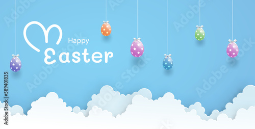 easter eggs and rabbit on blue sky with clouds in happy Easter day concept. art work in paper cut style. Vector illustration.