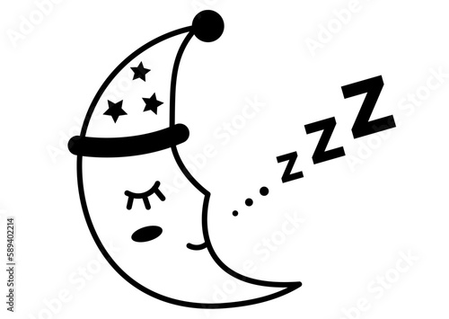 Zzz sleep snore with crescent moon vector icon. Night sleepy noise sound with cute sleeping character illustration. Black sign isolated on white background.