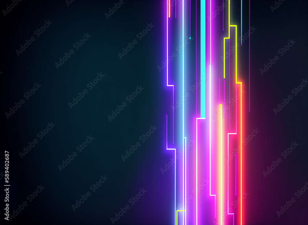 abstract cyberpunk background from colored technological neon lines, glowing lines futuristic style on black background, Generative AI
 - obrazy, fototapety, plakaty 