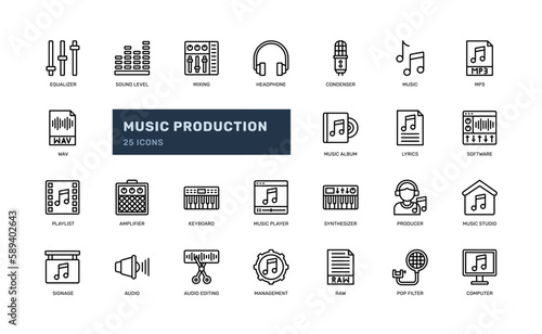 music production or sound engineer studio music making detailed outline line icon set