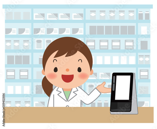 顔認証付きカードリーダーを案内する薬剤師さん
