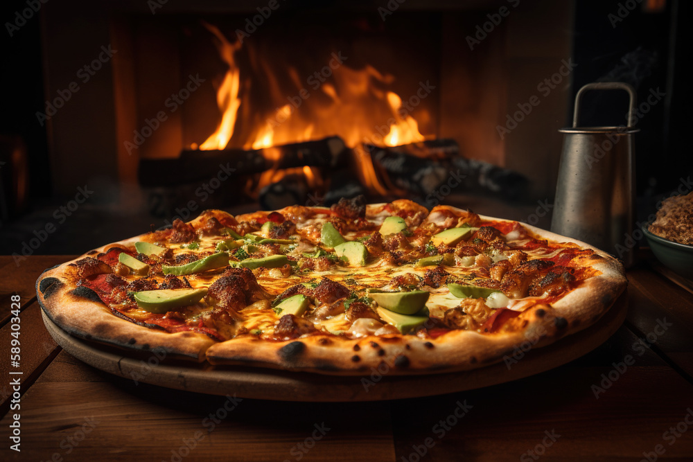 Tasty pizza with avocado on wooden table in front of fireplace. Generative AI