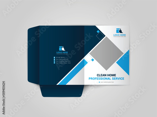 Cleaning Service Business Presentation folder for files, design. The layout is for posting information about the company, photo, text.