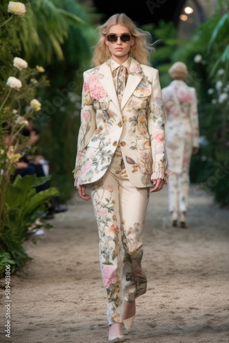 High fashion show in a botanic garden with beautiful young female models in fine casual colorful suits. Generative AI photo