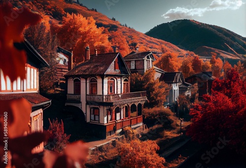 Beautiful view of houses in Blagoevgrad, Bulgaria on an autumn sunny day. Generative AI photo