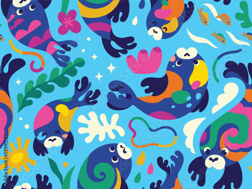 Seamless winter pattern with cute seals characters with splashes, seaweed, corals and fishes for kids © penguin_house