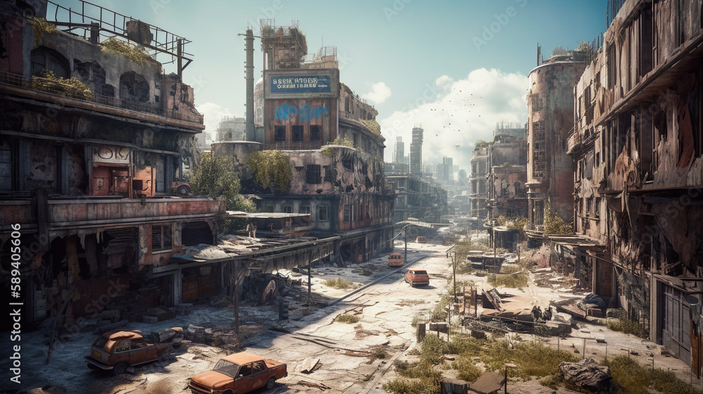 Post-apocalyptic ruined city. Destroyed buildings, burnt-out vehicles and ruined roads