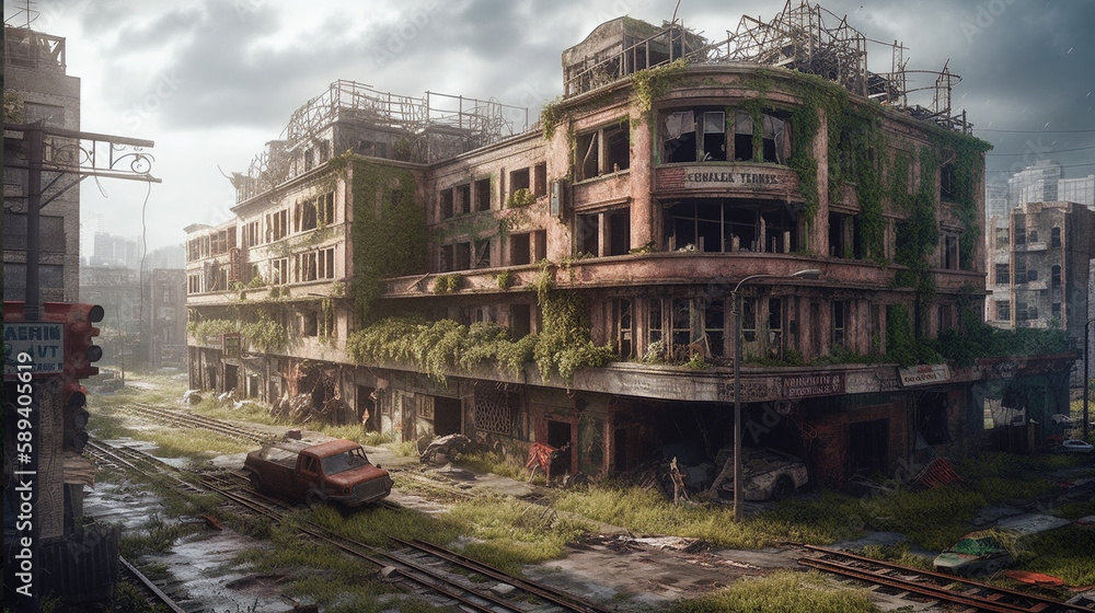 Post-apocalyptic ruined city. Destroyed buildings, burnt-out vehicles and ruined roads