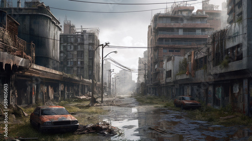 Post-apocalyptic ruined city. Destroyed buildings  burnt-out vehicles and ruined roads