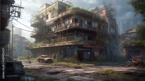 Post-apocalyptic ruined city. Destroyed buildings  burnt-out vehicles and ruined roads