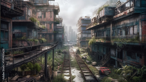 Post-apocalyptic ruined city. Destroyed buildings, burnt-out vehicles and ruined roads © Julia