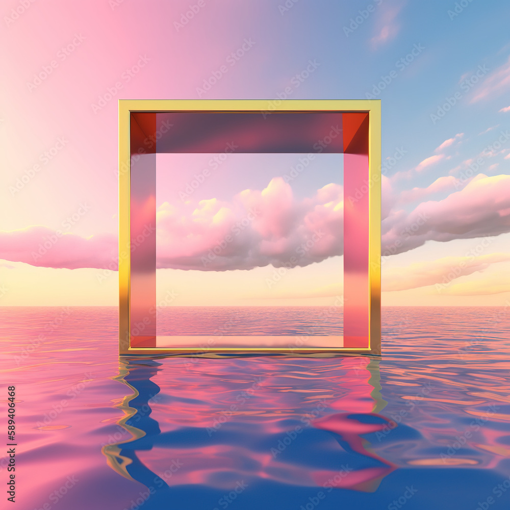 Surreal seascape with golden square in the middle of the sea. Pink hue. AI generated Surreal seascape with golden square in the middle of the sea. Pink hue. AI generated