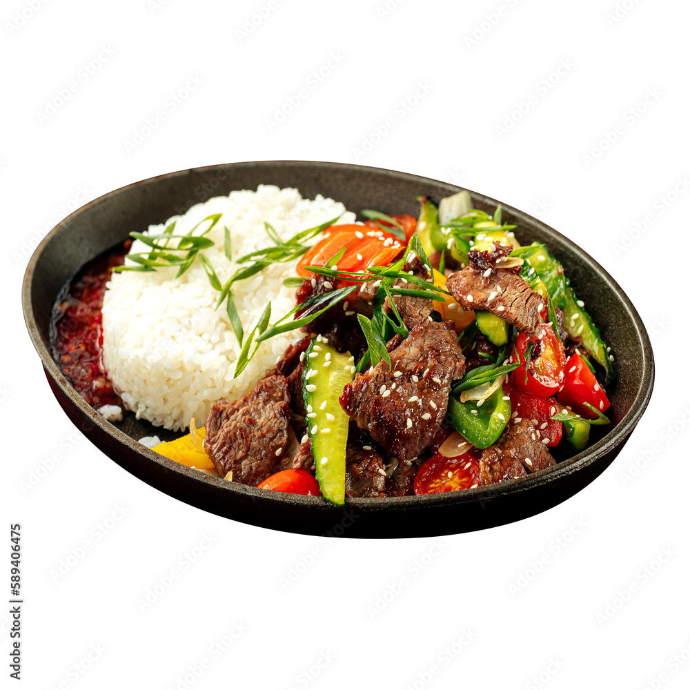 Portion of asian style meat with rice and vegetables