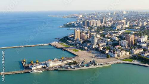 Novorossiysk, Russia - September 16, 2020: Panorama of the city and the embankment. Tsemesskaya Bay in the Black Sea, Aerial View