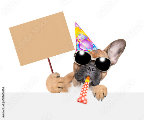 French bulldog puppy wearing sunglasses and party cap blows into party whistle and looks above empty white banner and shows empty placard. isolated on white background © Ermolaev Alexandr