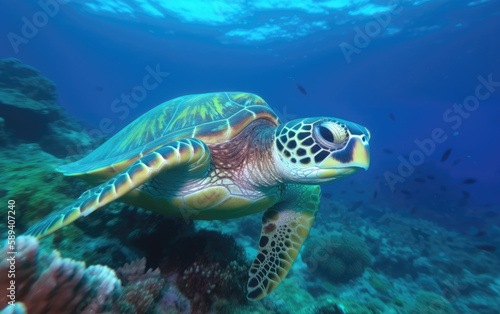 Green turtle underwater in ocean, Generative AI © Barosanu
