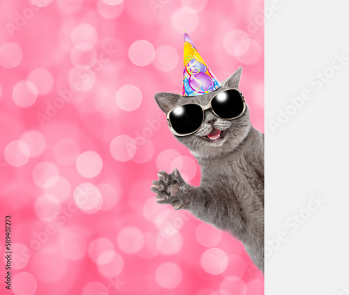 Happy cat wearing sunglasses and party cap looks from behinde empty white banner. Shade trendy color of the year 2023 - Viva Magenta background. Empty space for text photo