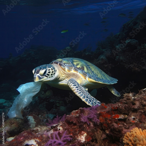 Green turtle underwater in ocean eating plastic bag, Generative AI