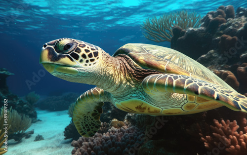 Close -up of green turtle underwater in ocean looking at camera, Generative AI © Barosanu