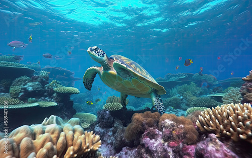 Green turtle underwater in ocean looking at camera, Generative AI