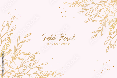 Elegant golden floral background with hand drawn flowers and leaves illustration decoration
