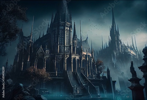 Gothic fantasy city with cathedrals, churches, towers, houses and knights, wizards and priests in mystic mist - catolic - medieval - goth. Generative AI photo