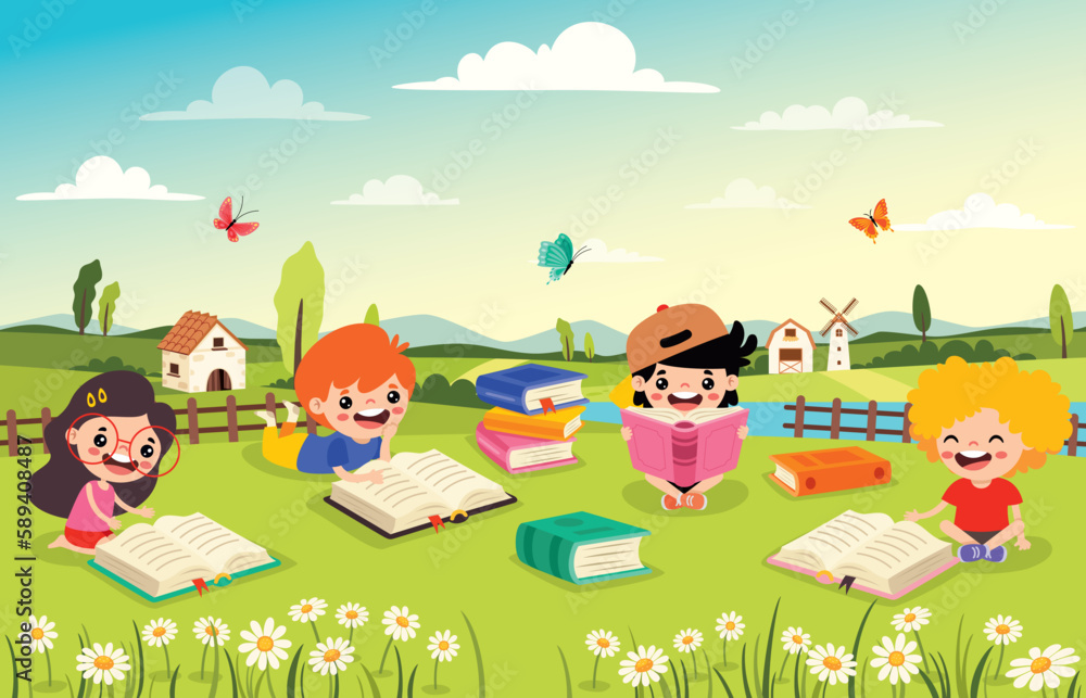 Obraz premium Children Reading Book At Nature