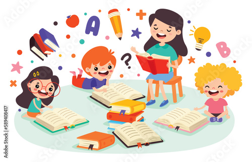 Cartoon Teacher and School Children