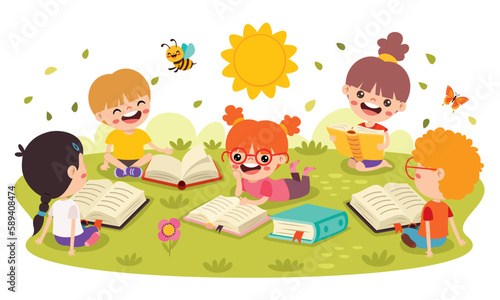 Children Reading Book At Nature