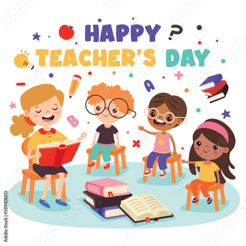 Cartoon Teacher and School Children