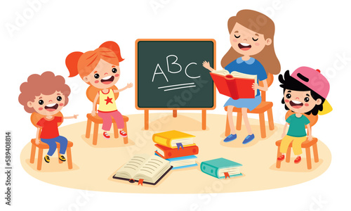 Cartoon Teacher and School Children