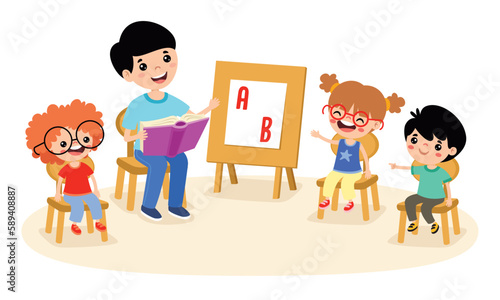 Cartoon Teacher and School Children